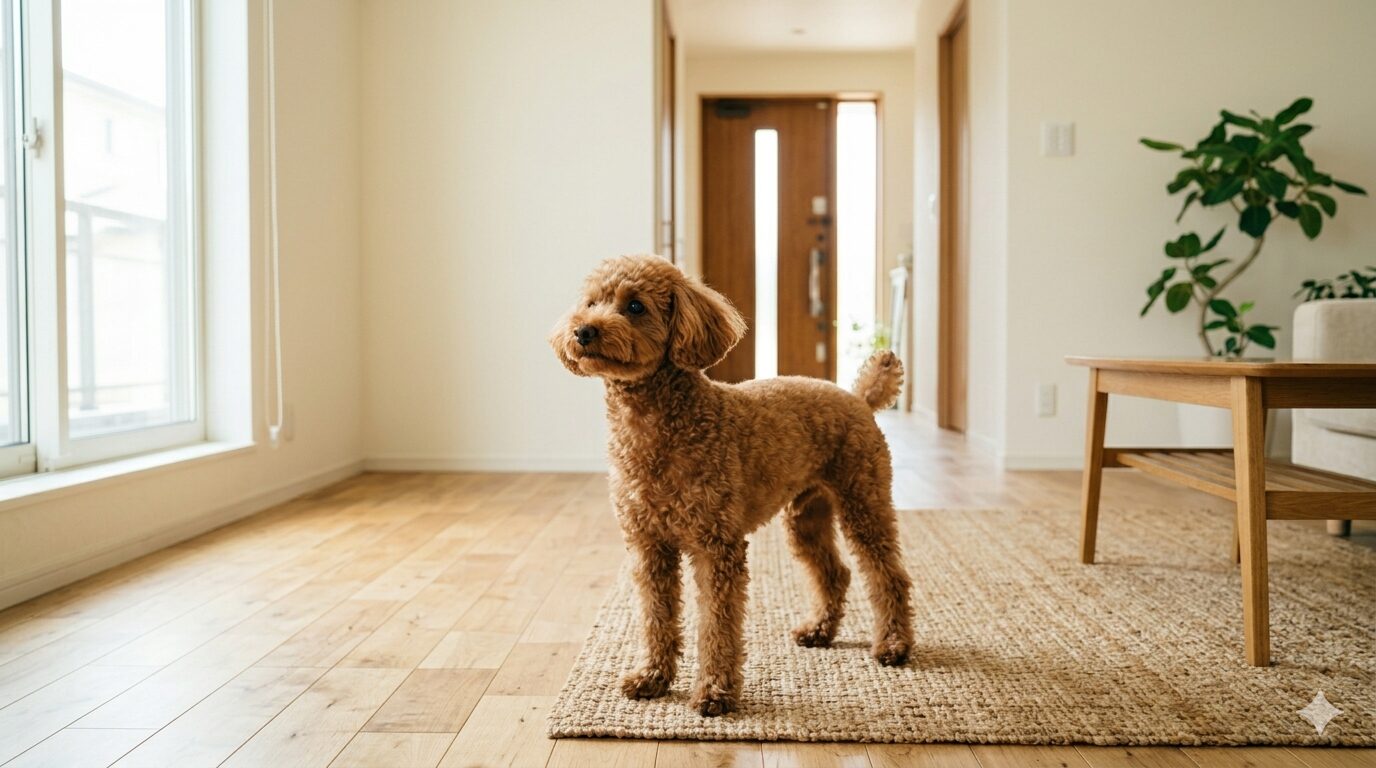 玄関で吠える犬のボディランゲージを観察する場面