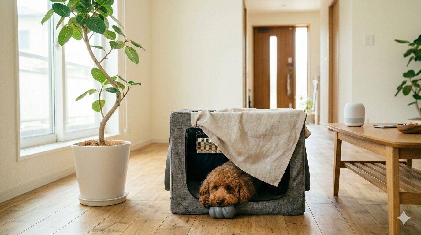 クレートで知育玩具に集中する愛犬の様子