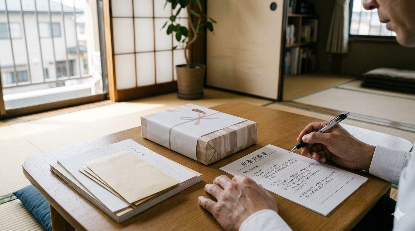 謝罪用の菓子折りと改善計画書を準備する場面