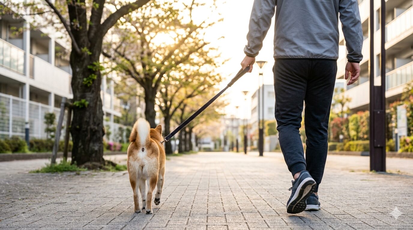 出勤前の早朝散歩で愛犬の体力を使い切らせる場面