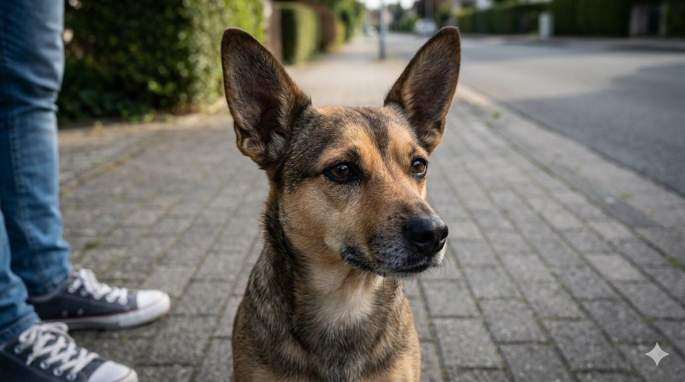 バイクの音に反応して警戒する犬の様子