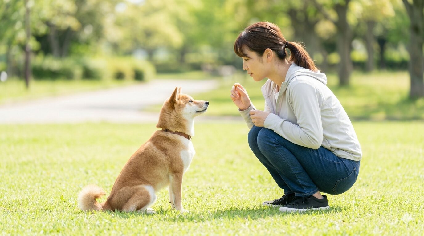 おやつを使って犬に散歩中のしつけを教える飼い主
