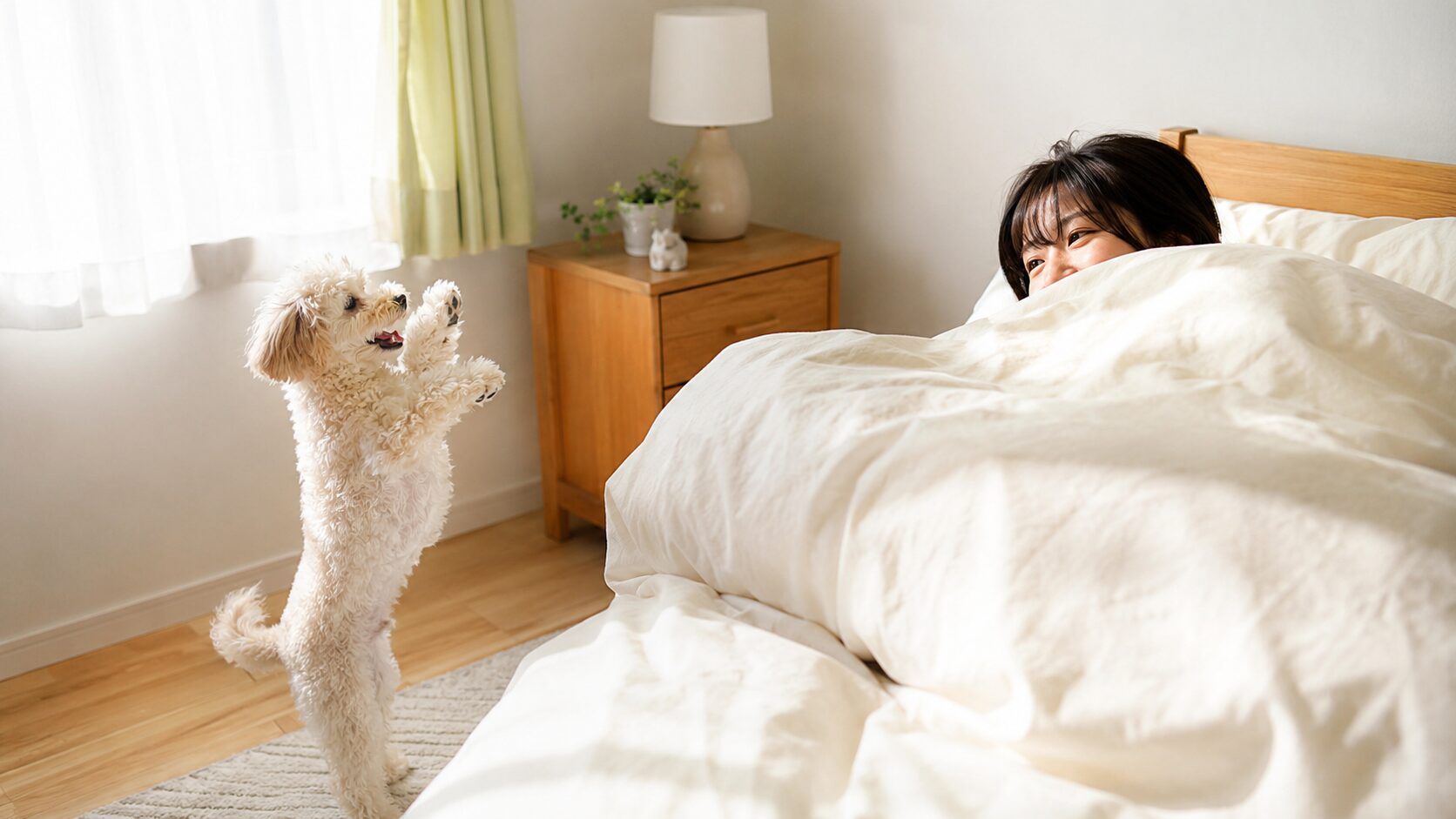 早朝のベッドで愛犬が元気に飛び跳ねる様子に戸惑う女性