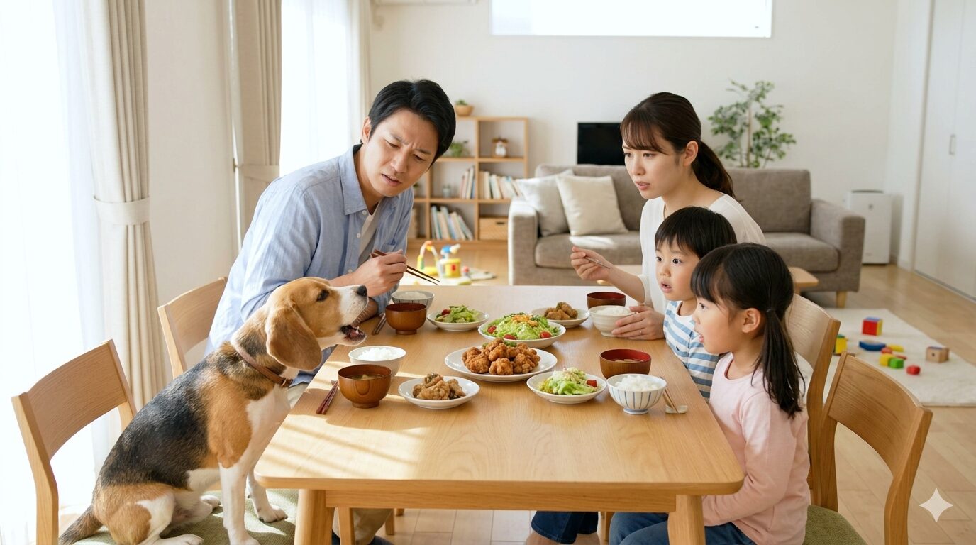 飼い主の食事中に犬が吠える原因と学習行動の仕組みを示すイメージ