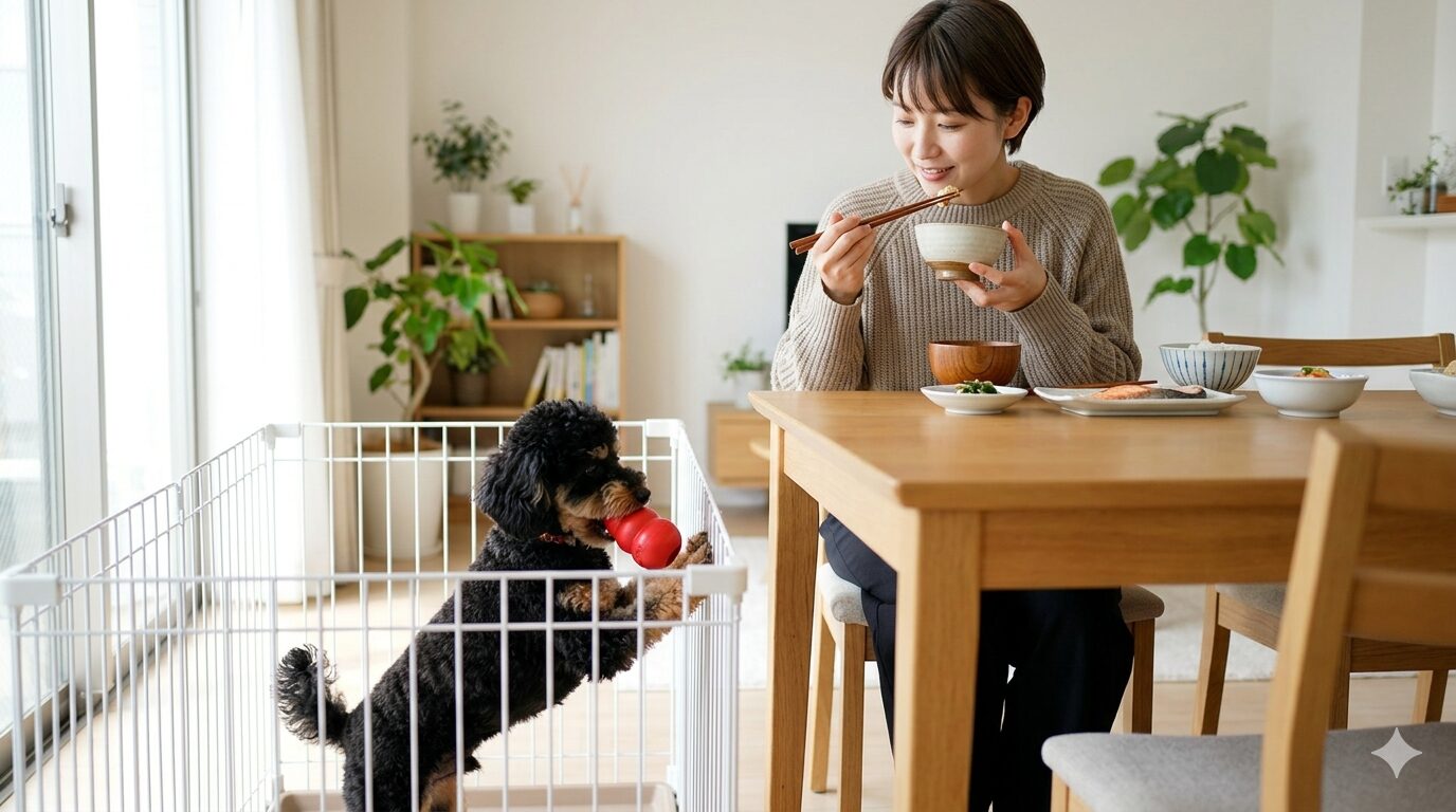 食事中に知育おもちゃで静かに過ごす犬のしつけステップのイメージ