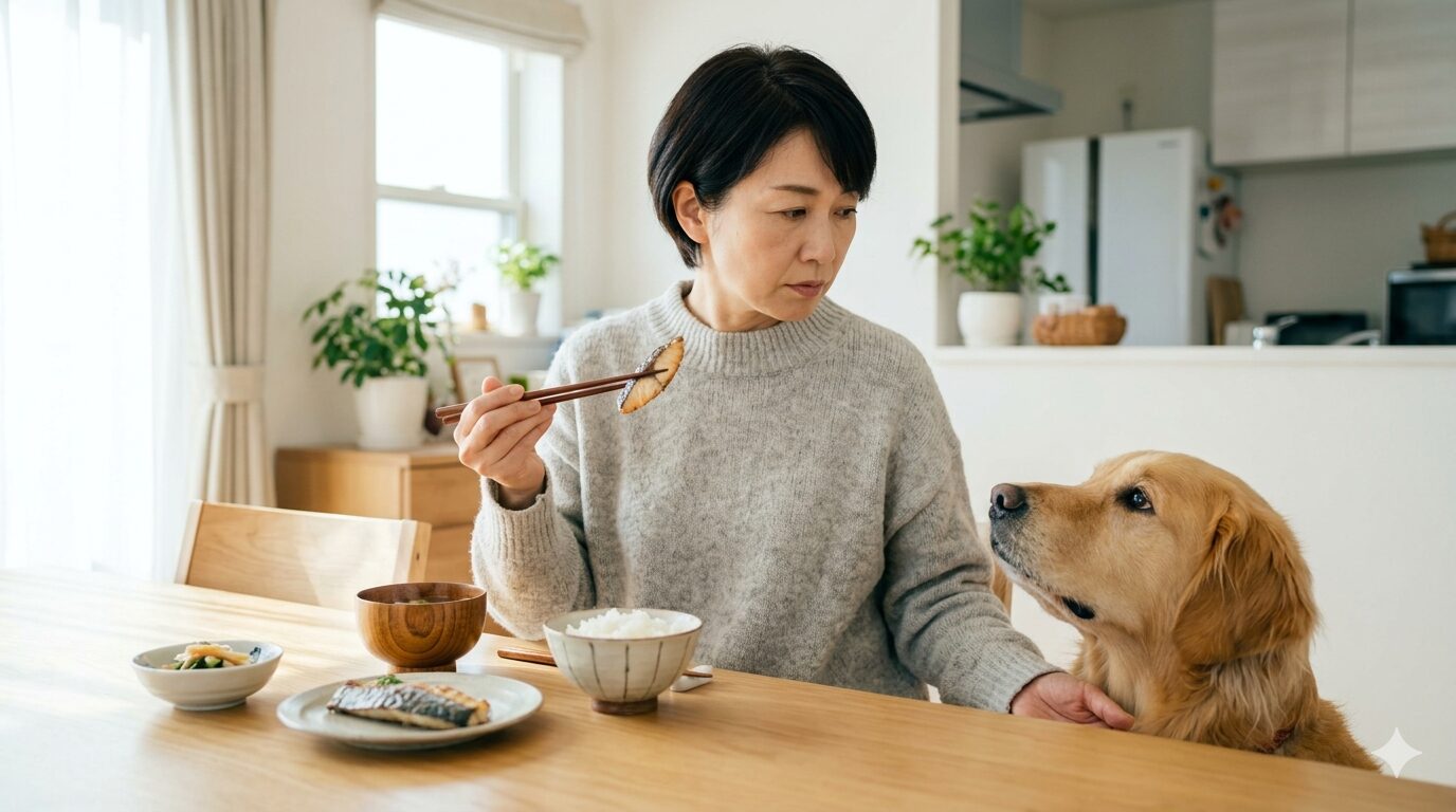 食事中に犬へ食べ物を与えるNGしつけ対策のイメージ