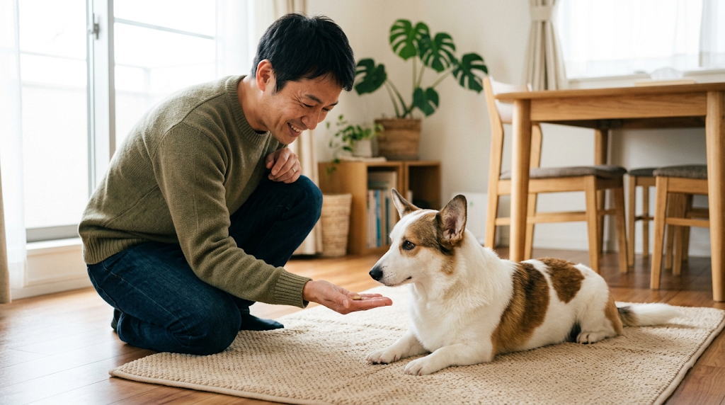 マットで伏せる犬に静かに報酬を渡し代替行動を教える飼い主