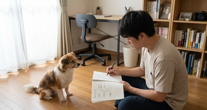 愛犬の夜泣きの原因をノートに整理する飼い主の様子