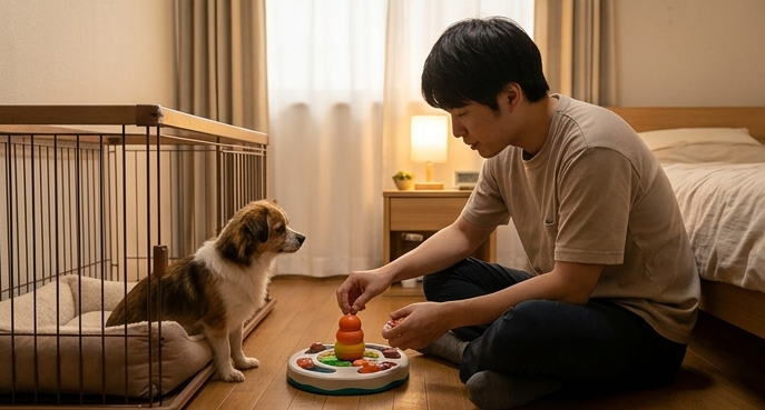 原因別対策として知育玩具で愛犬と関わる飼い主の様子