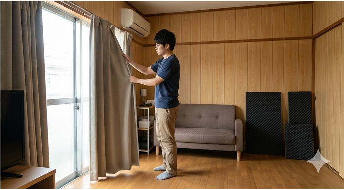 木造アパートで防音カーテンと吸音材を設置する飼い主