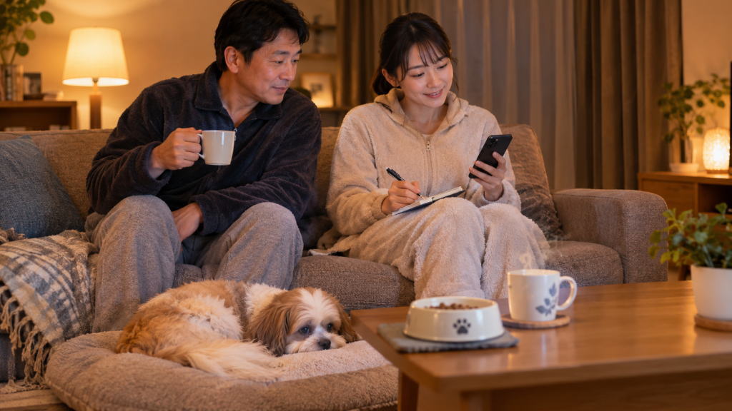夜のリビングで愛犬の変化を家族で見守りながら記録する落ち着いた場面