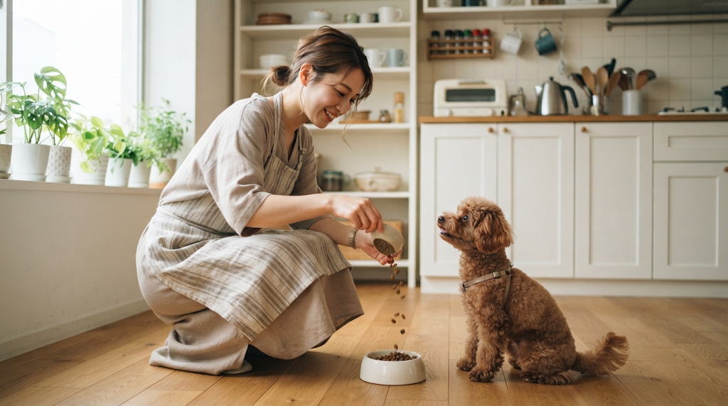 キッチンで小型犬にドッグフードを与える飼い主の実践シーン