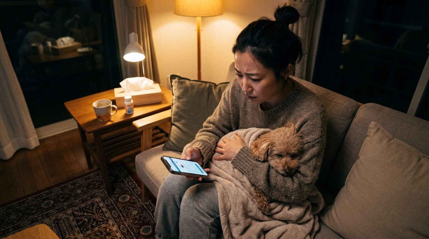 深夜に愛犬を抱き不安げにスマホを見つめる一人暮らしの女性