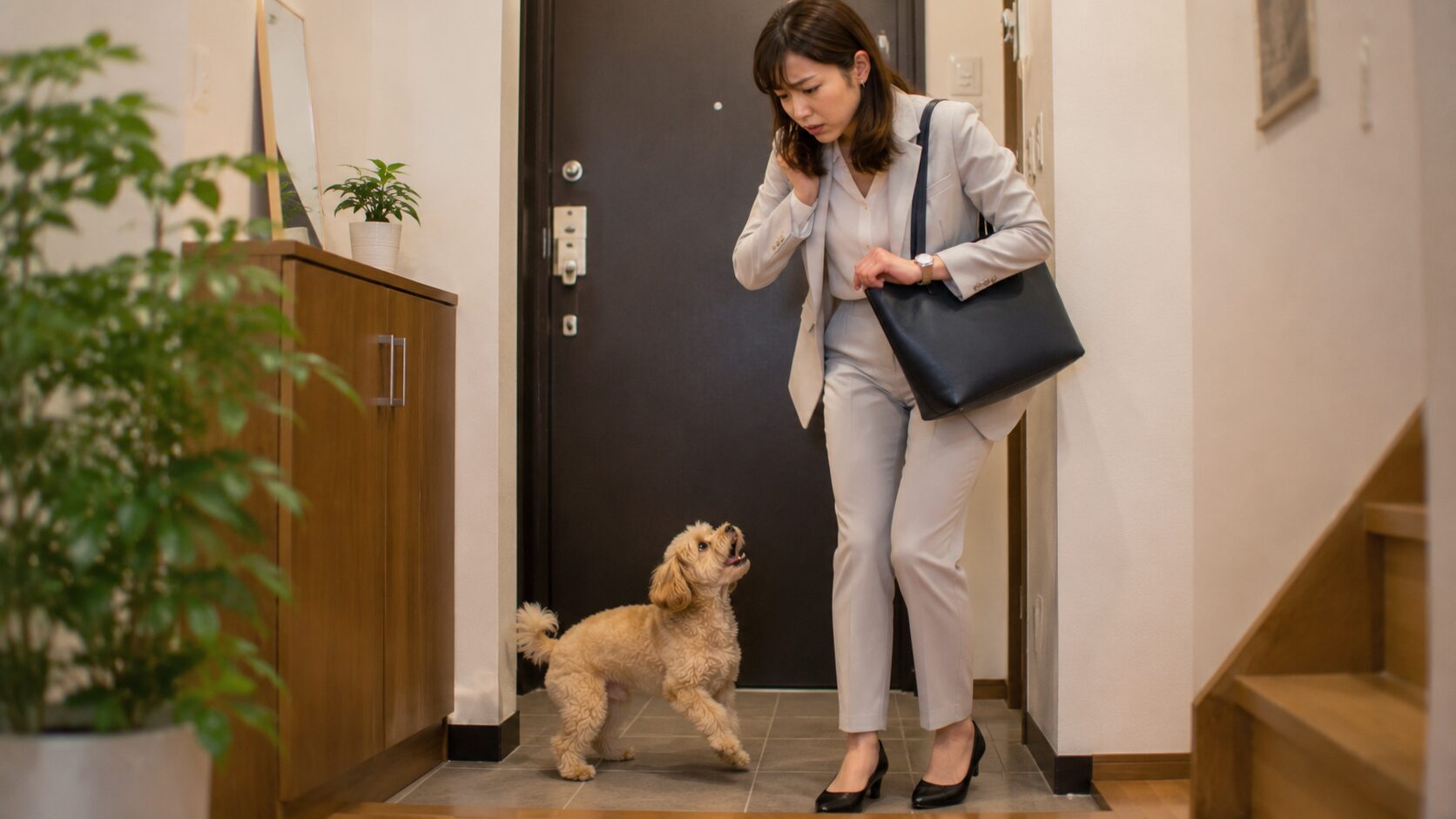 朝の玄関で吠える犬に困惑する出勤前の女性の様子