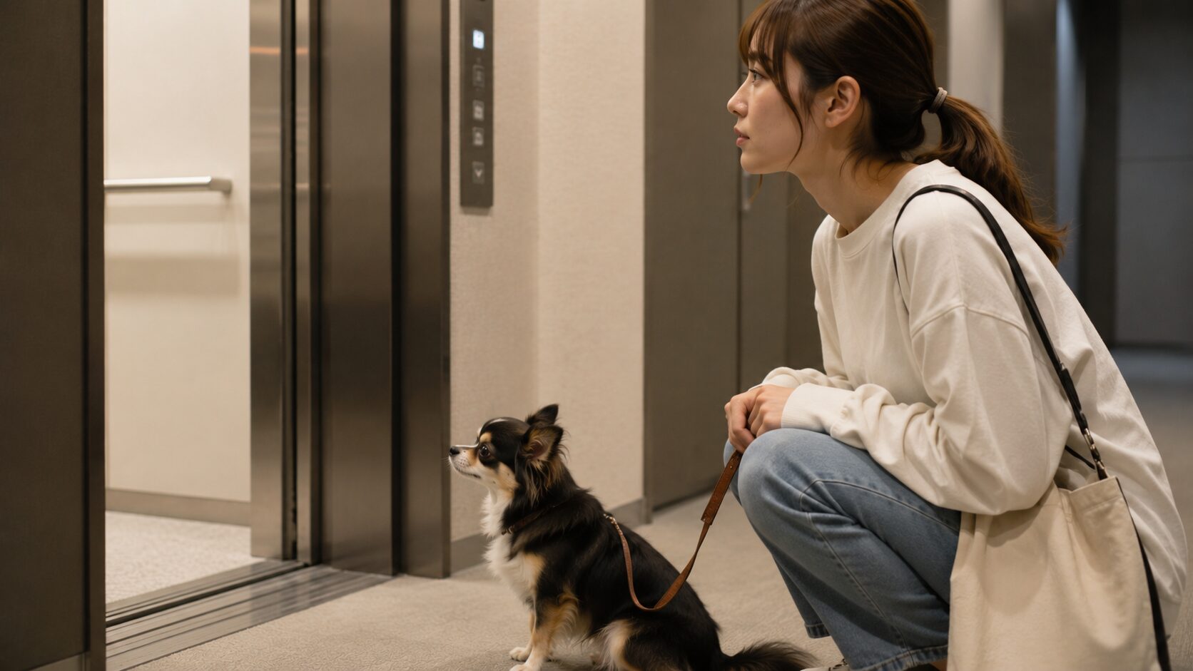 犬とエレベーター対策に悩み扉の前で身構える女性飼い主