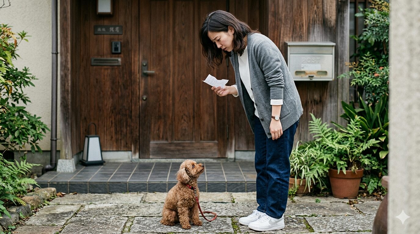 郵便受けの苦情メモを手に愛犬を見つめる一人暮らしの女性