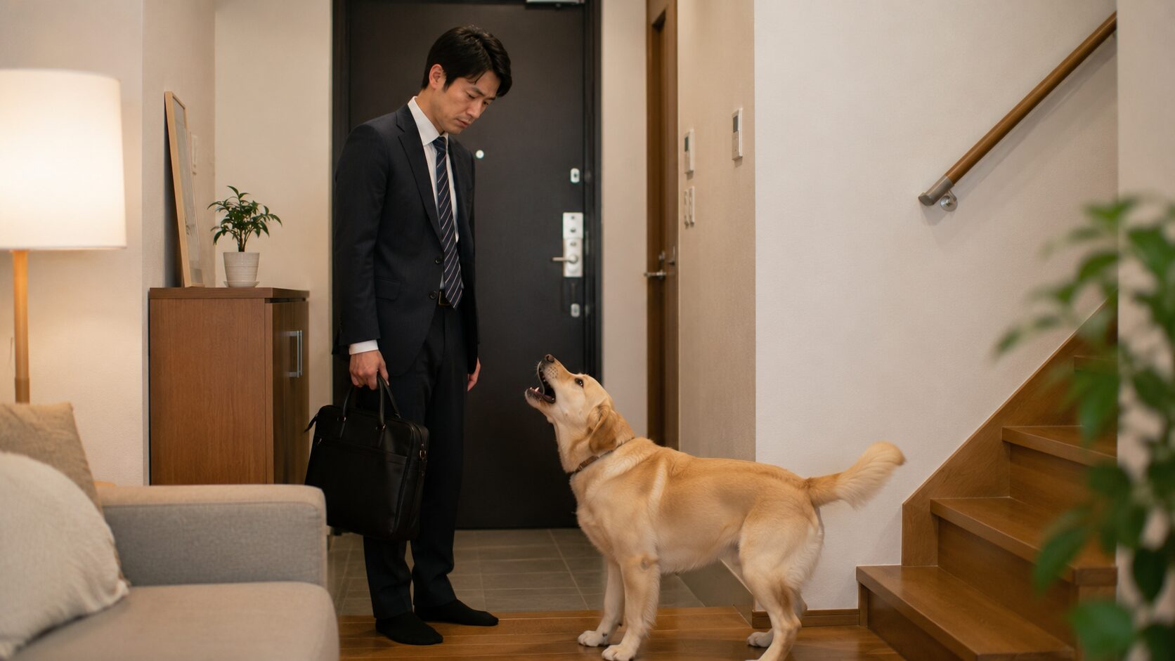 疲れて帰宅した男性に吠え続ける愛犬の玄関シーン