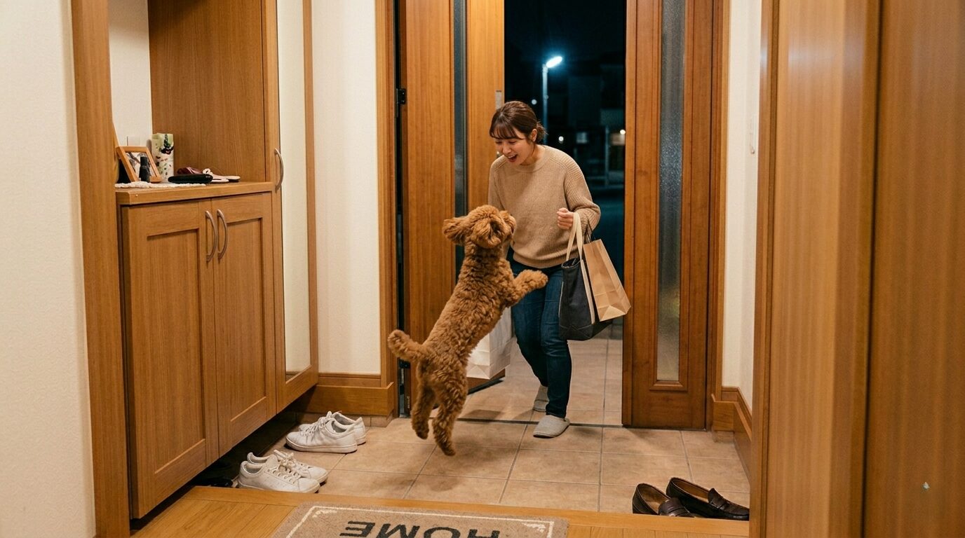 玄関で飛びつく愛犬に戸惑う20代女性の姿