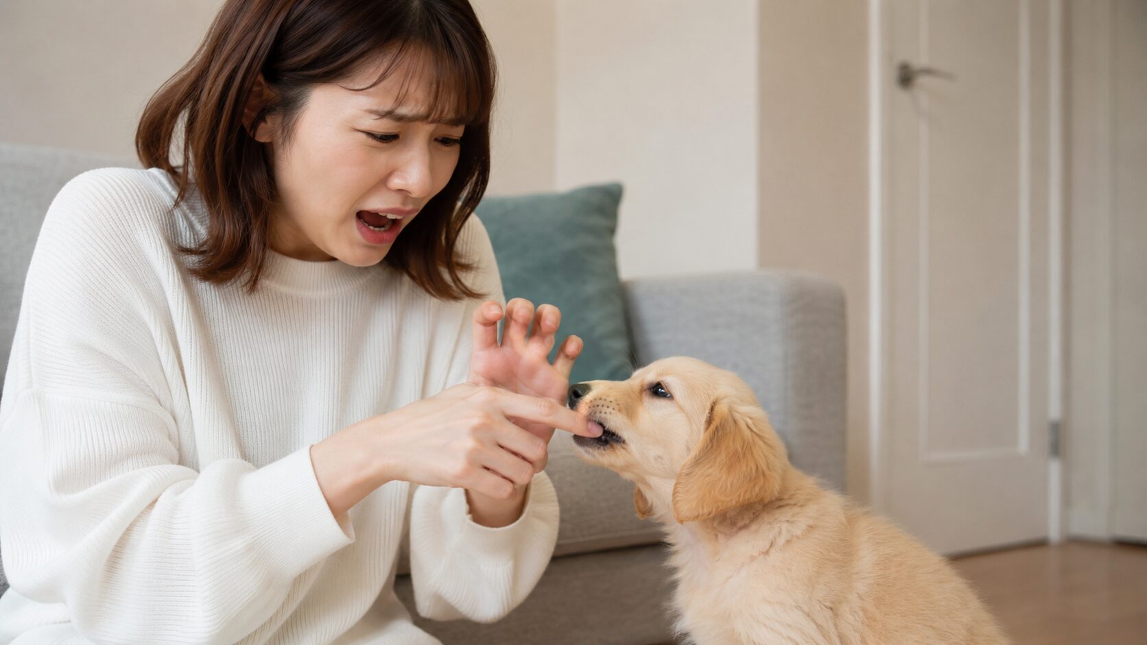 子犬に噛まれて困惑する20代女性飼い主の様子