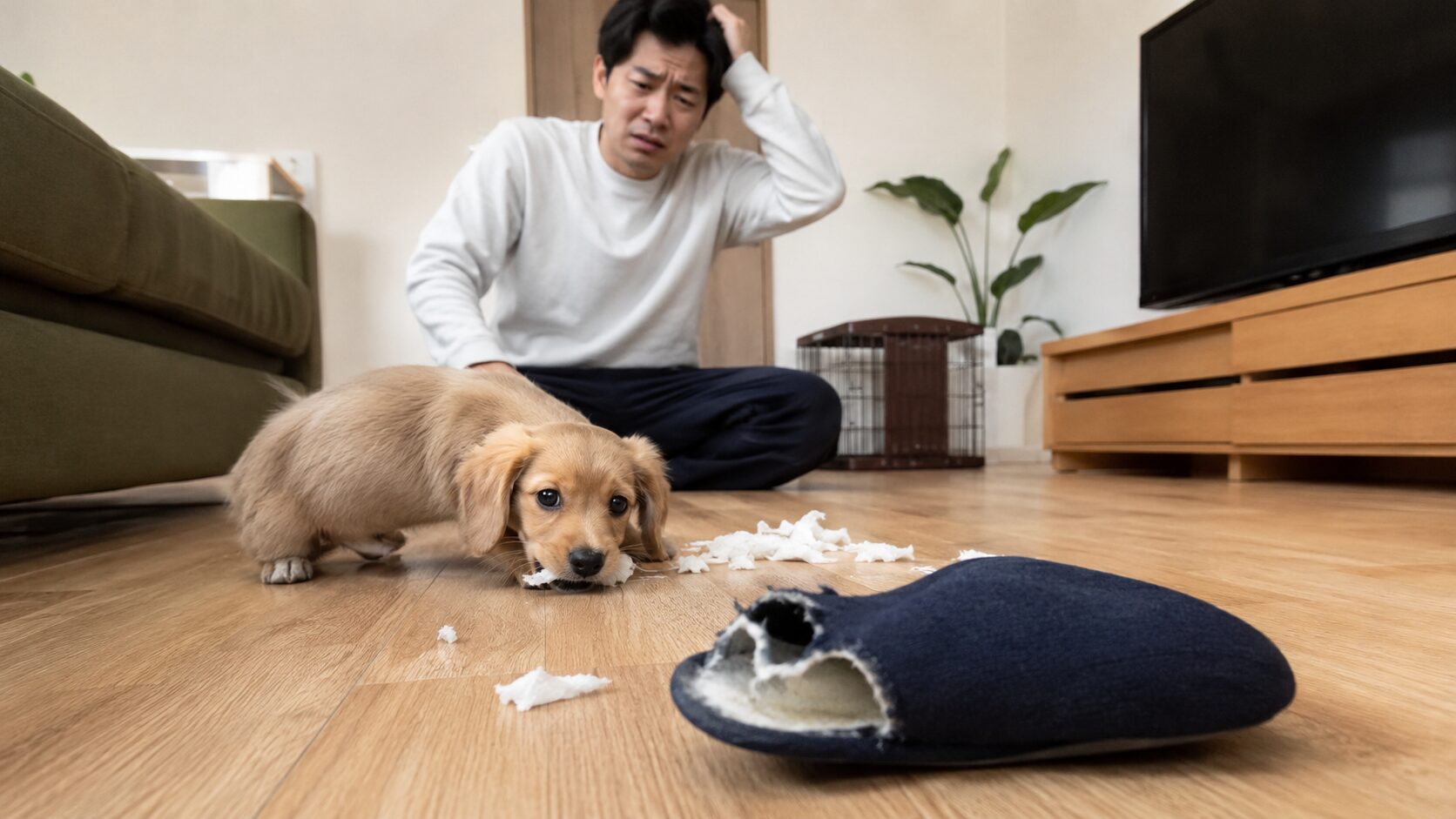いたずらされたスリッパを前に困り顔の飼い主と子犬