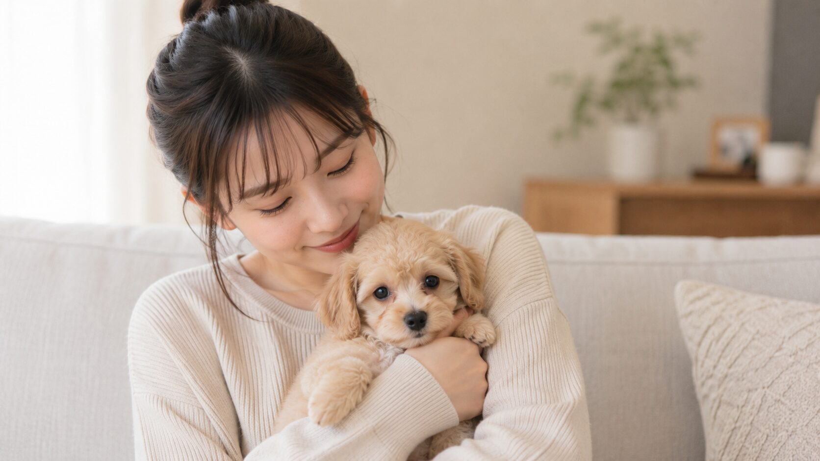 初めて子犬を迎えた女性が優しく抱きしめる温かな光景