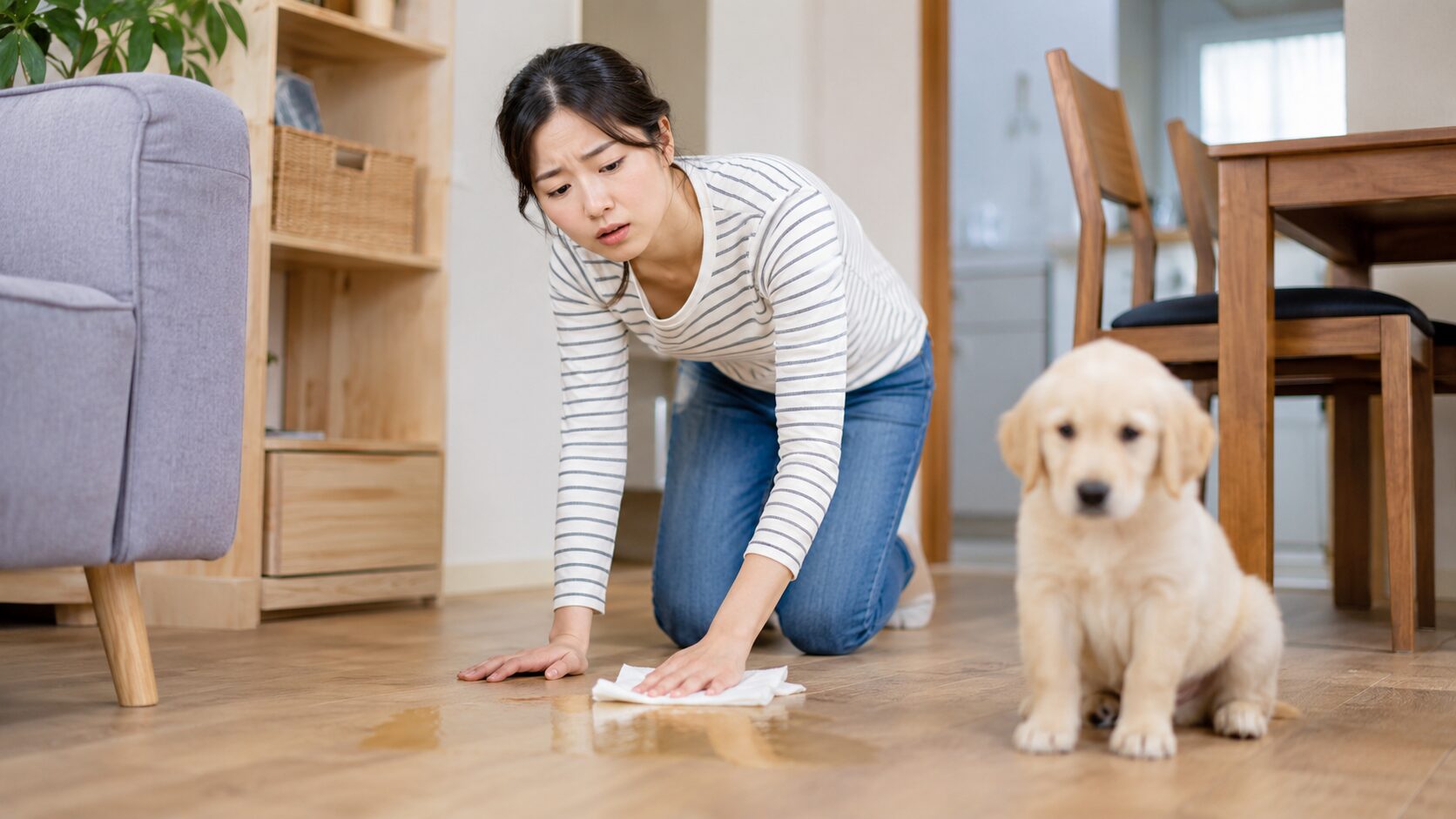 子犬のトイレ失敗に疲れた飼い主が床を掃除する様子