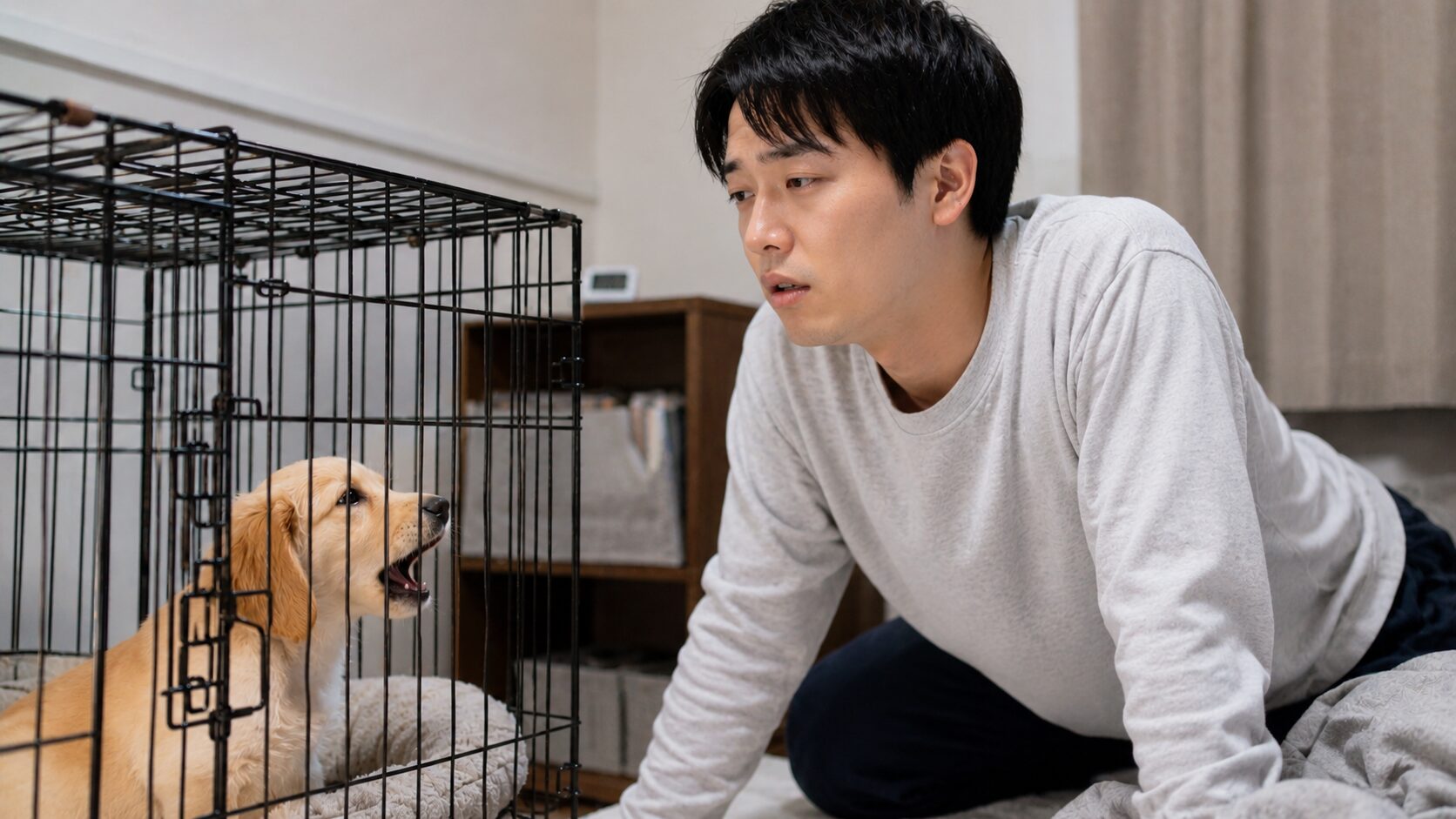 夜中に鳴く子犬を心配そうに見つめる若い飼い主の様子