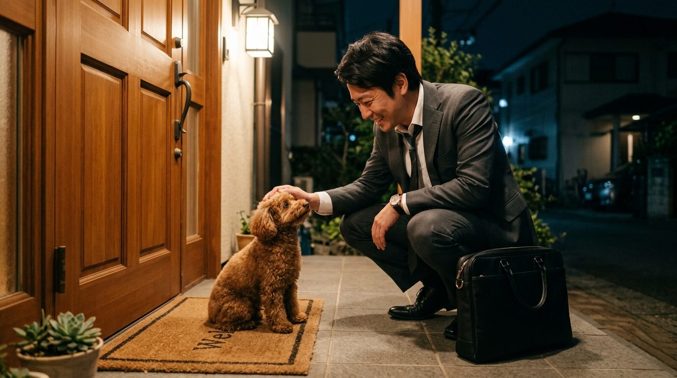 帰宅した30代男性飼い主が愛犬と静かに向き合う夜の玄関