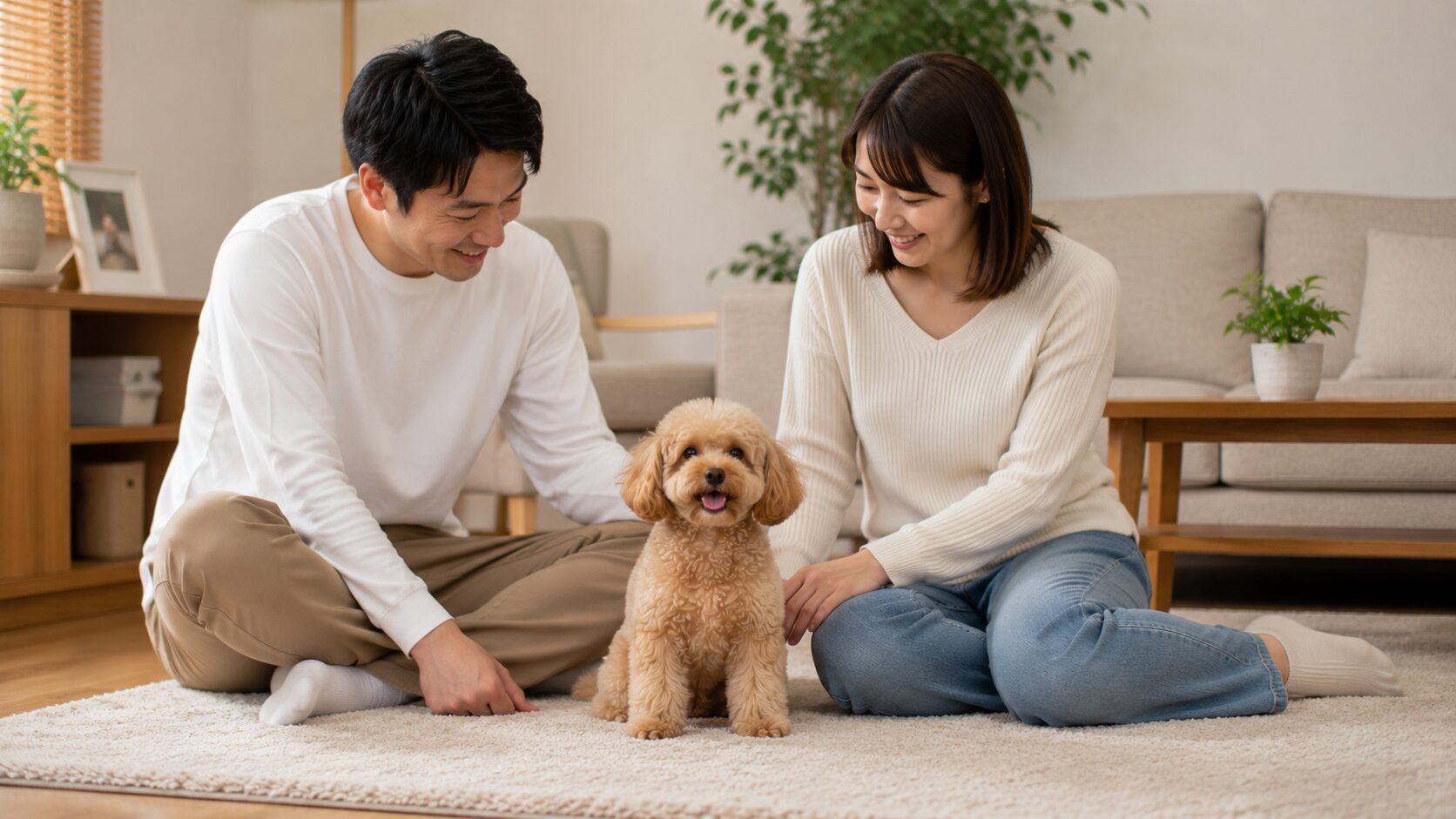 愛犬を中心に並んで見守る40代夫婦の穏やかなリビング風景