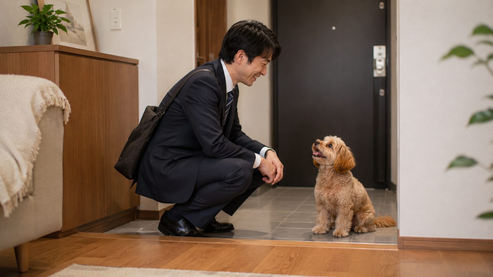 帰宅後に愛犬と静かに向き合う飼い主の様子