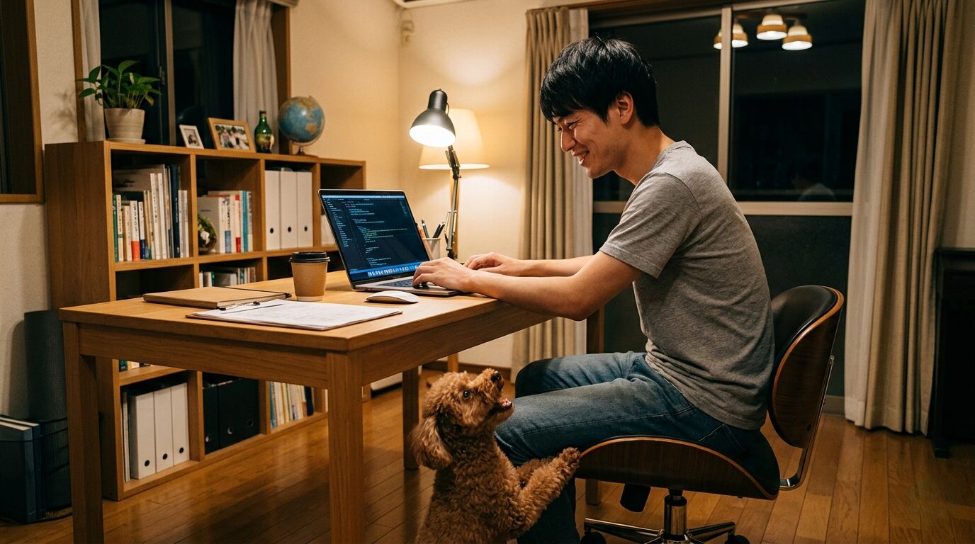 会議中に愛犬が吠えて苦笑いする20代男性の在宅デスク