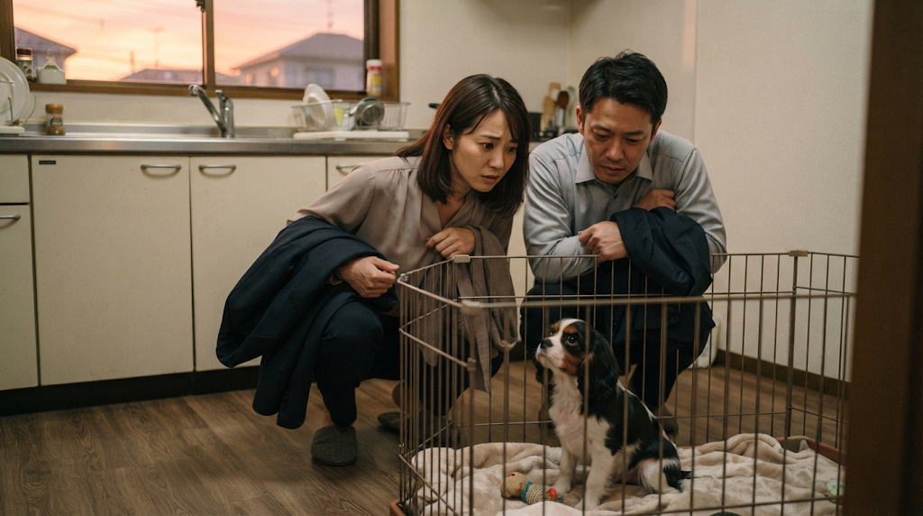 子犬の留守番に不安を感じる共働き夫婦の夕方の様子