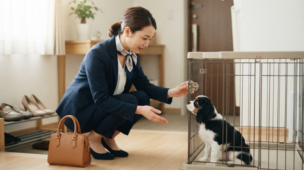 朝の玄関で子犬の様子を確認する飼い主の姿