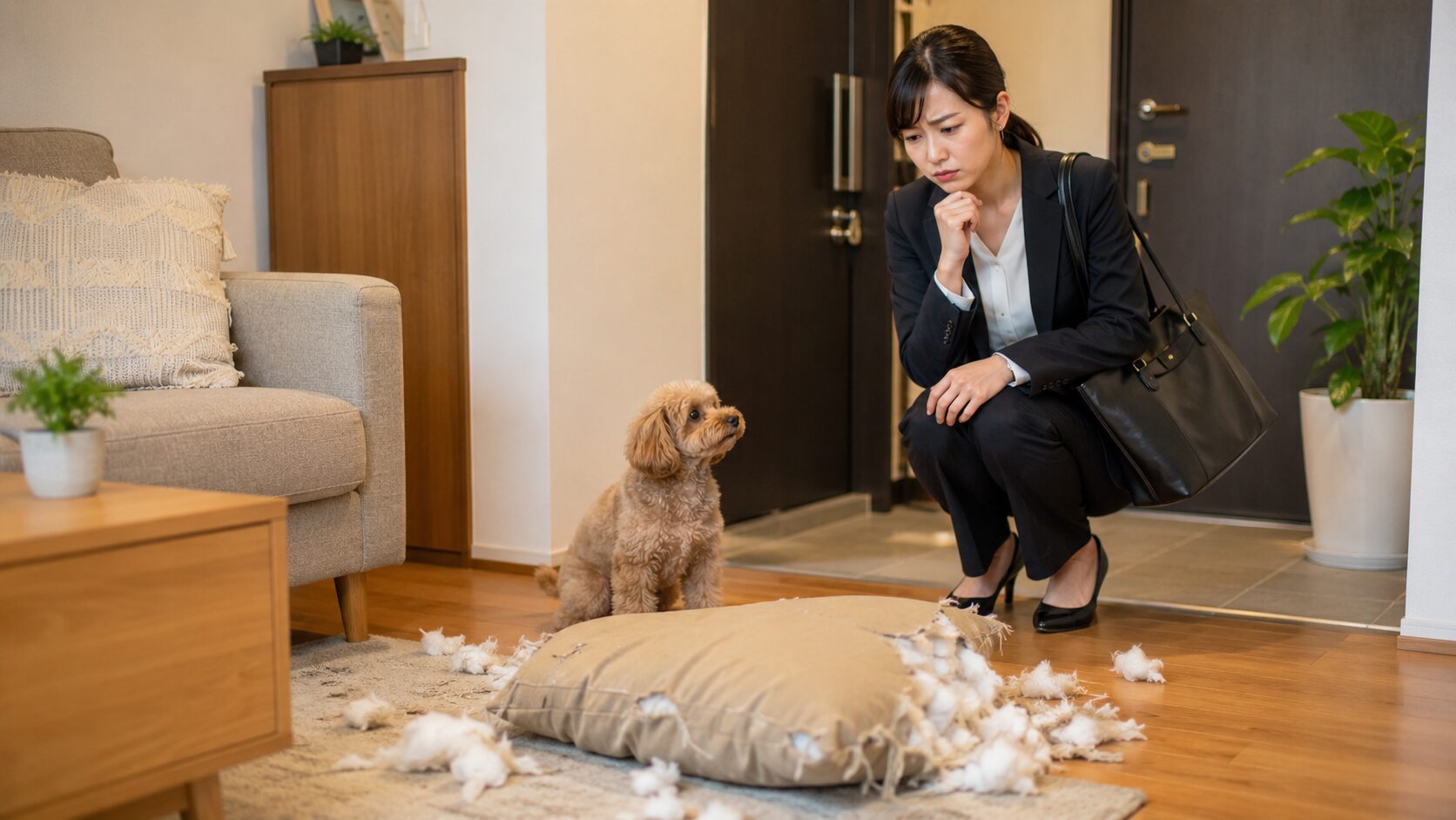 出勤前に破壊されたクッションを前に困惑する飼い主と愛犬