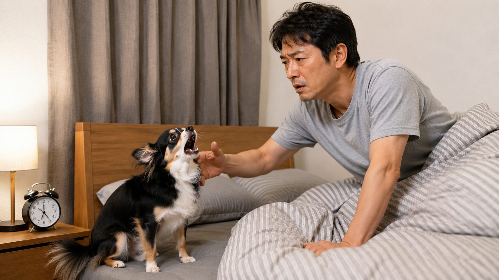 深夜に犬が夜中に吠える声で目を覚まし駆け寄る飼い主