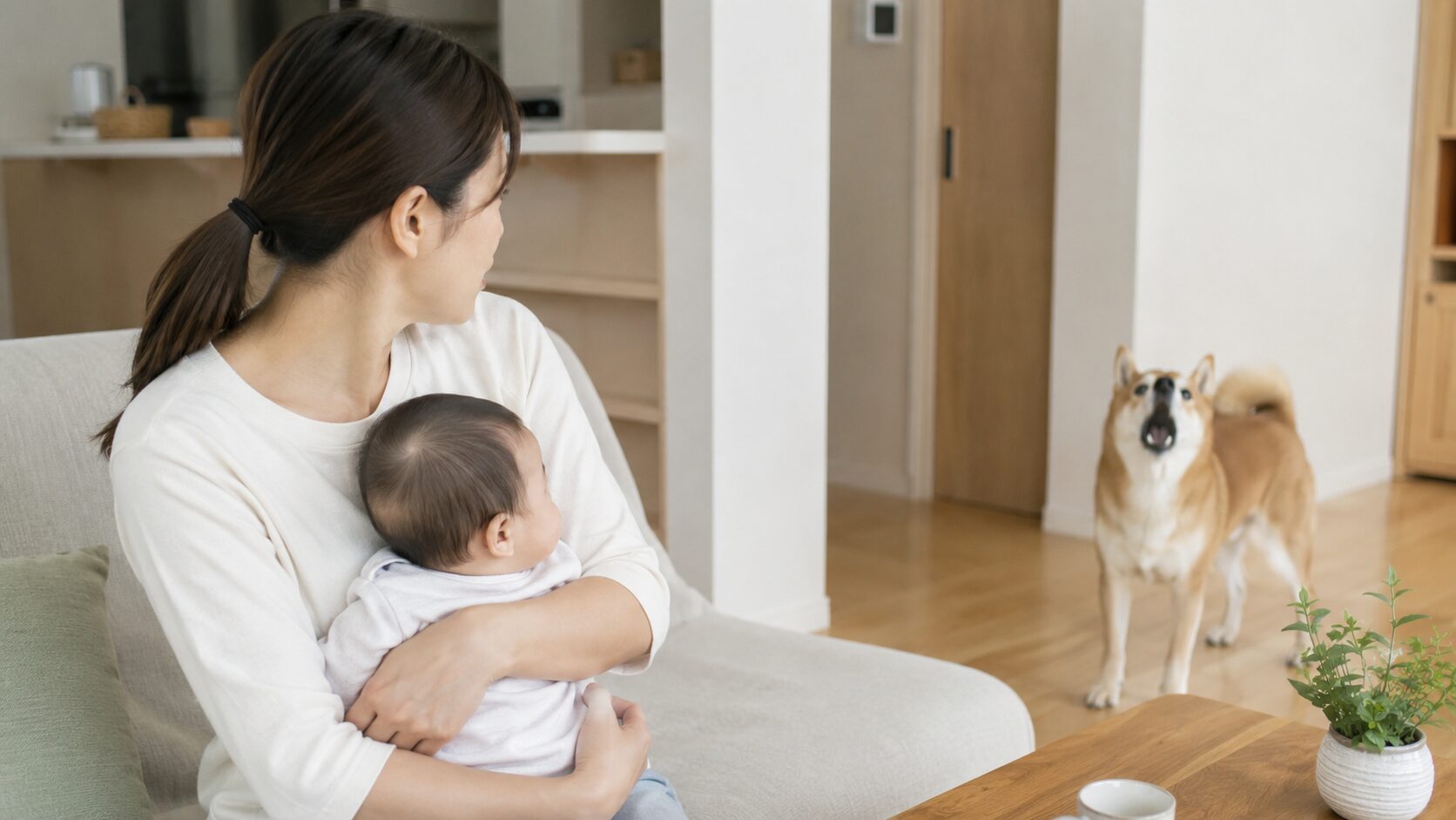 犬が赤ちゃんに吠えるのを心配そうに見守る母親の様子