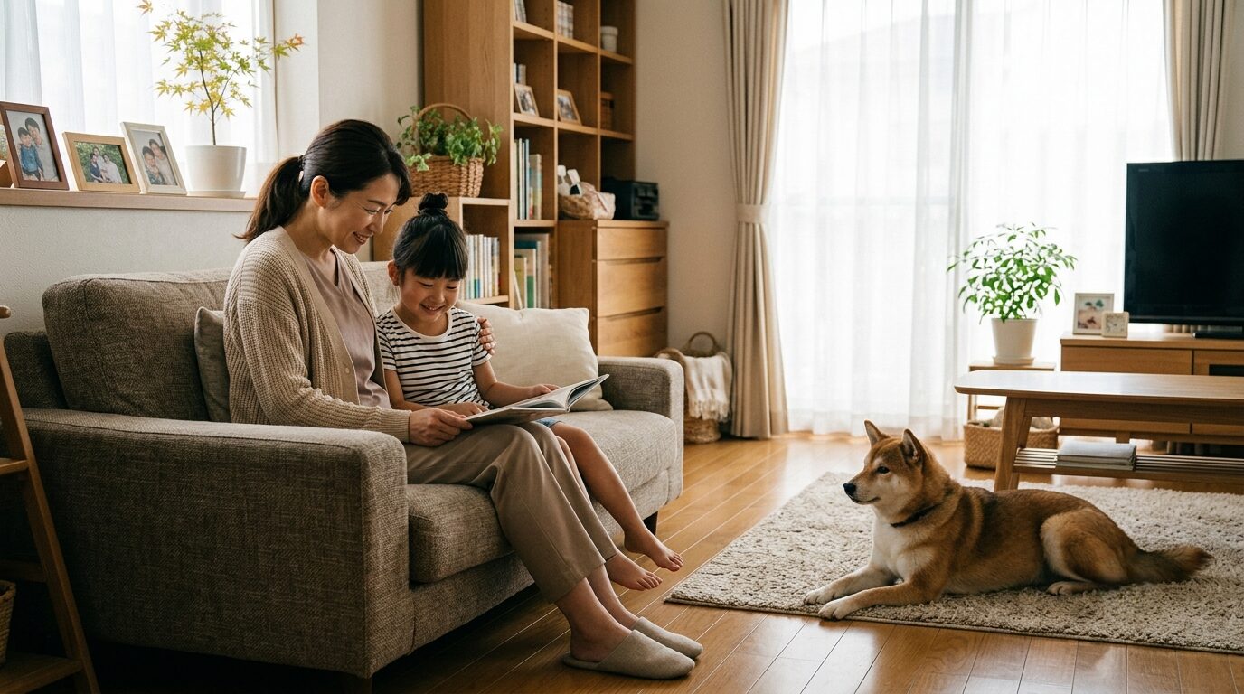 子供が犬を怖がる家庭で母親が寄り添い穏やかな距離を保つ様子