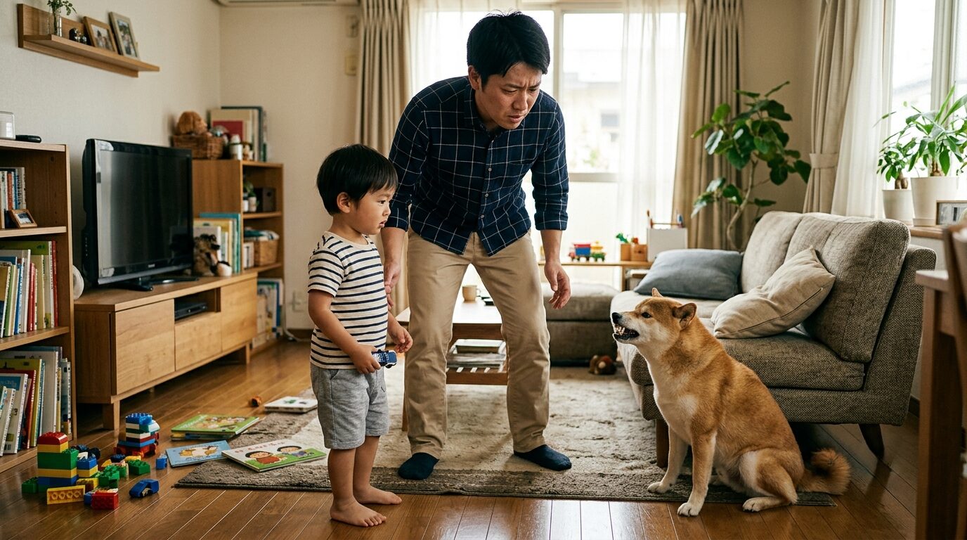 犬が子供にうなる場面を不安げに見守る父親と3歳児のリビング風景