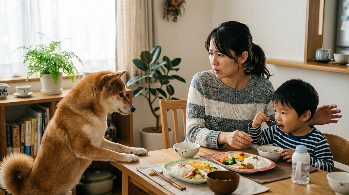 犬がテーブルに前足をかけて子供の食事を狙う場面に困る飼い主
