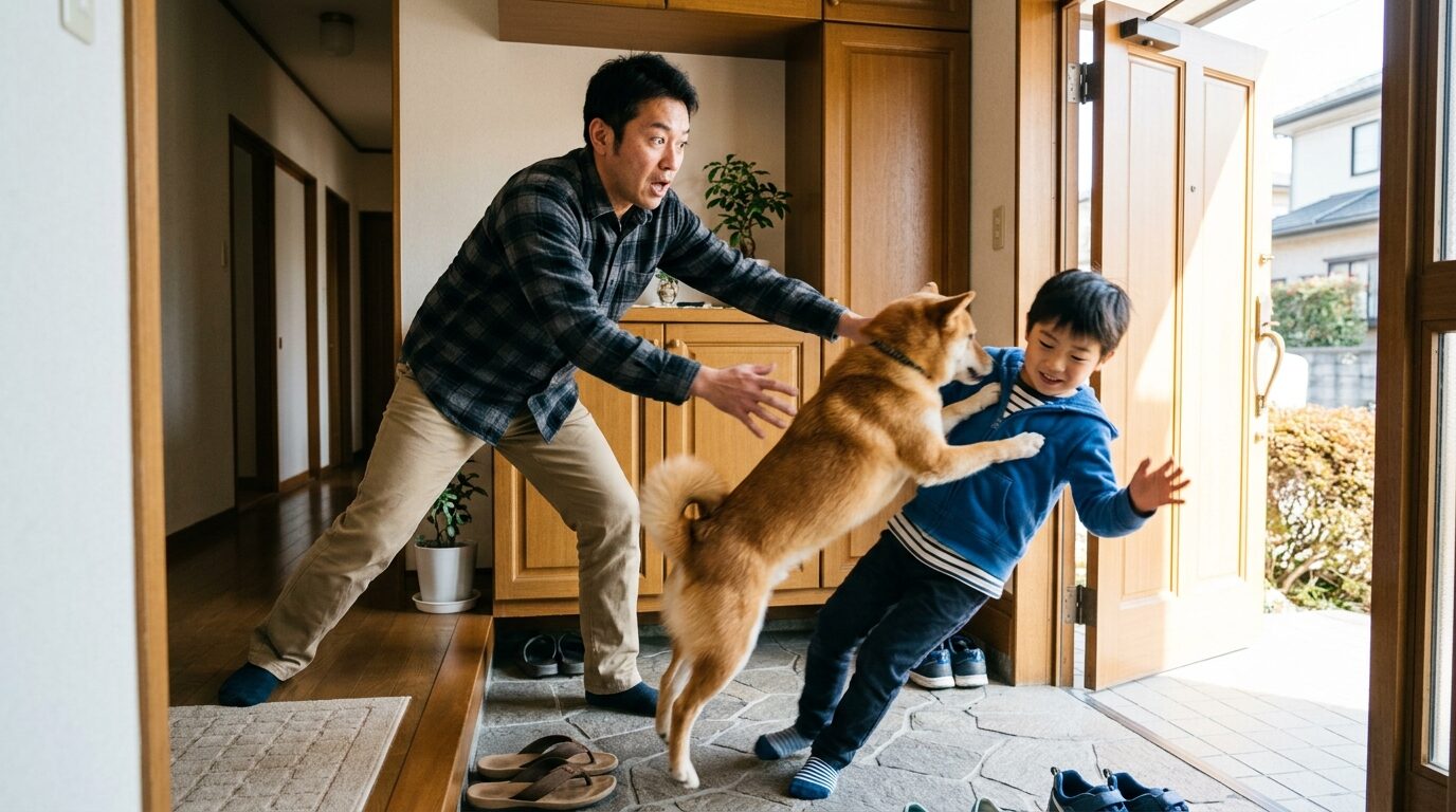 来客の子どもに飛びつく犬を父親が慌てて止める玄関先の光景