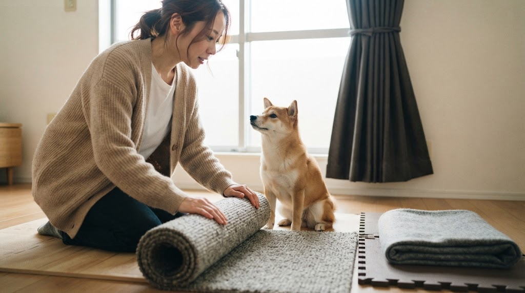 居で吸音ラグを敷き犬の鳴き声対策を準備する様子