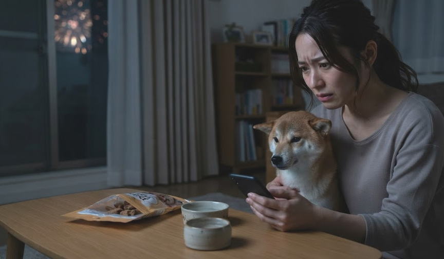 夜のリビングで花火の音に震える愛犬を前に犬 花火雷 怖がる悩みを抱える女性