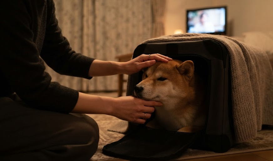 クレートの中の愛犬に静かに寄り添い背中を撫でる飼い主の手元