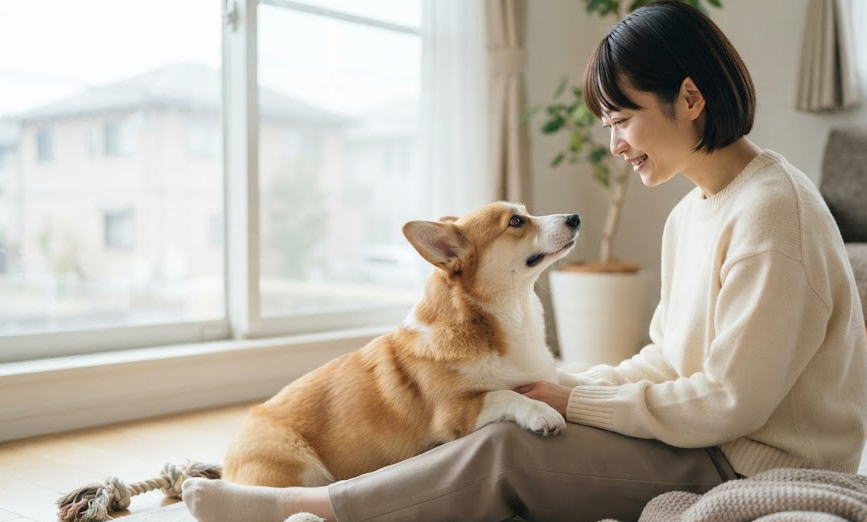 窓辺で愛犬と穏やかに向き合い信頼関係を感じさせる笑顔の飼い主