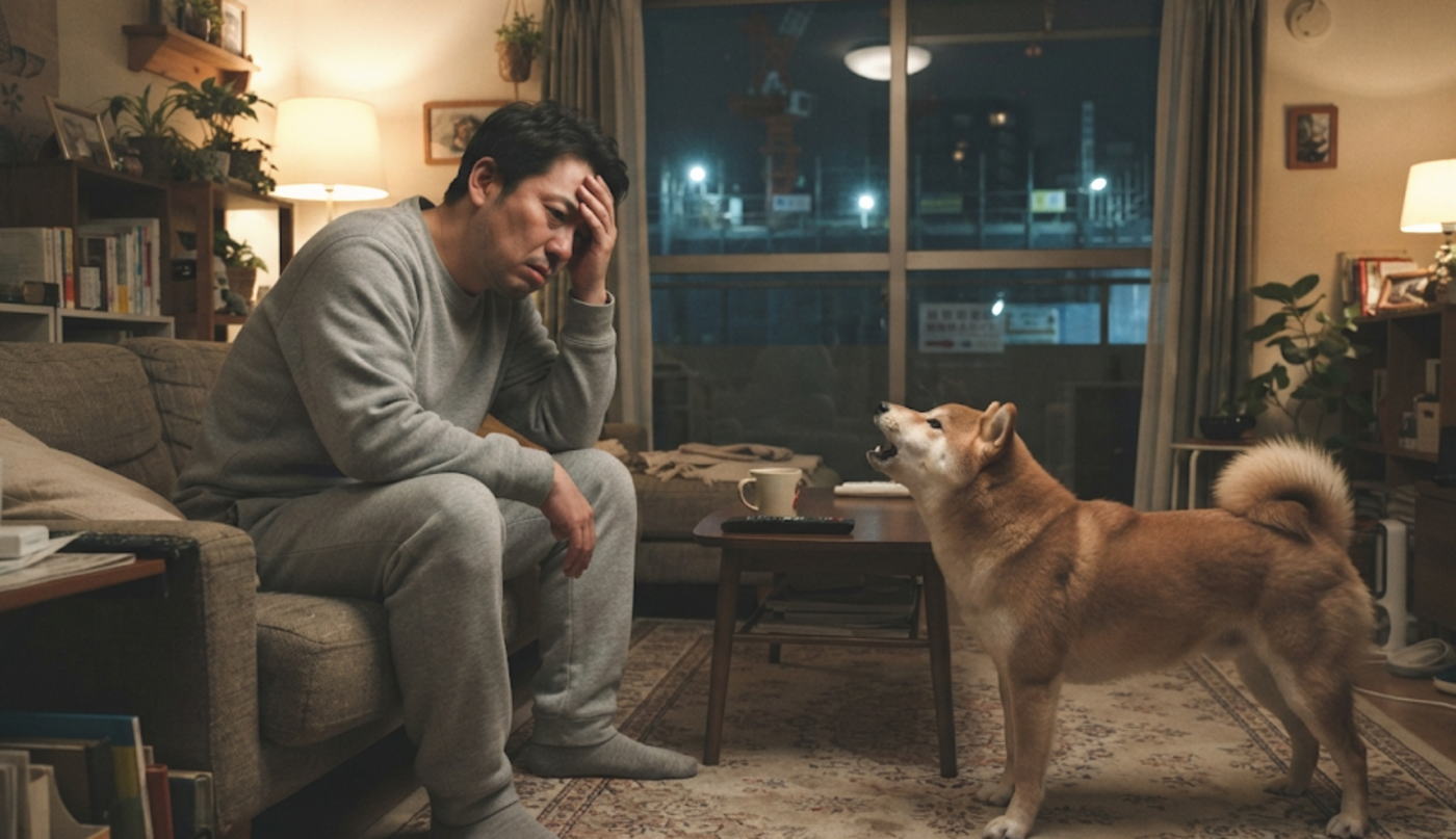 夜のリビングで犬が工事音に吠え続ける様子に疲弊する40代の飼い主