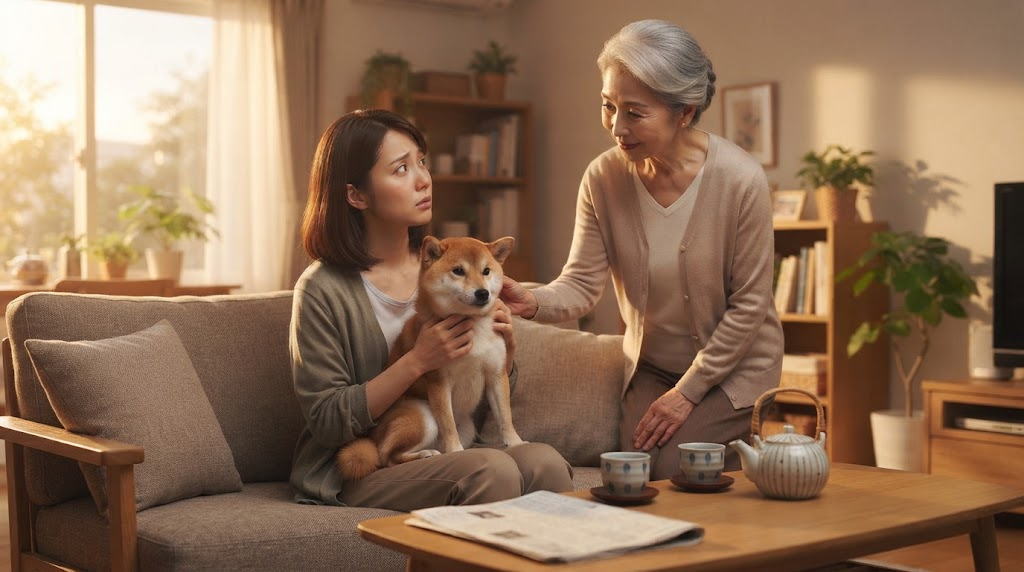 二世帯同居で犬が吠える様子に戸惑う家族の情景