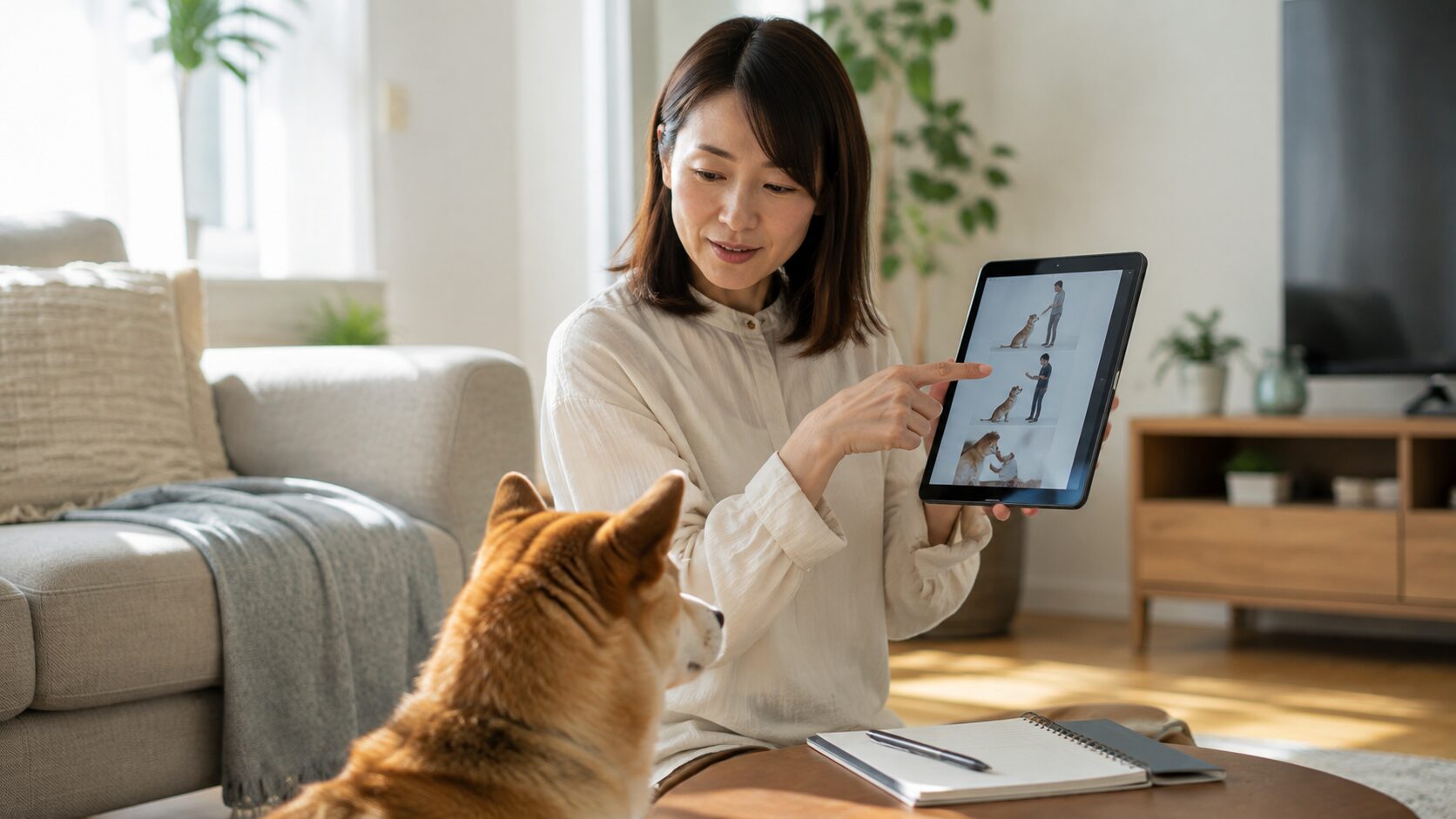 タブレットで犬のしつけ手順を指し示しながら説明する女性と中型犬 ・画像