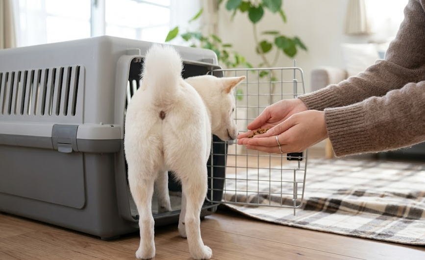クレートに自ら入ろうとする小型犬と練習を進める飼い主の手元