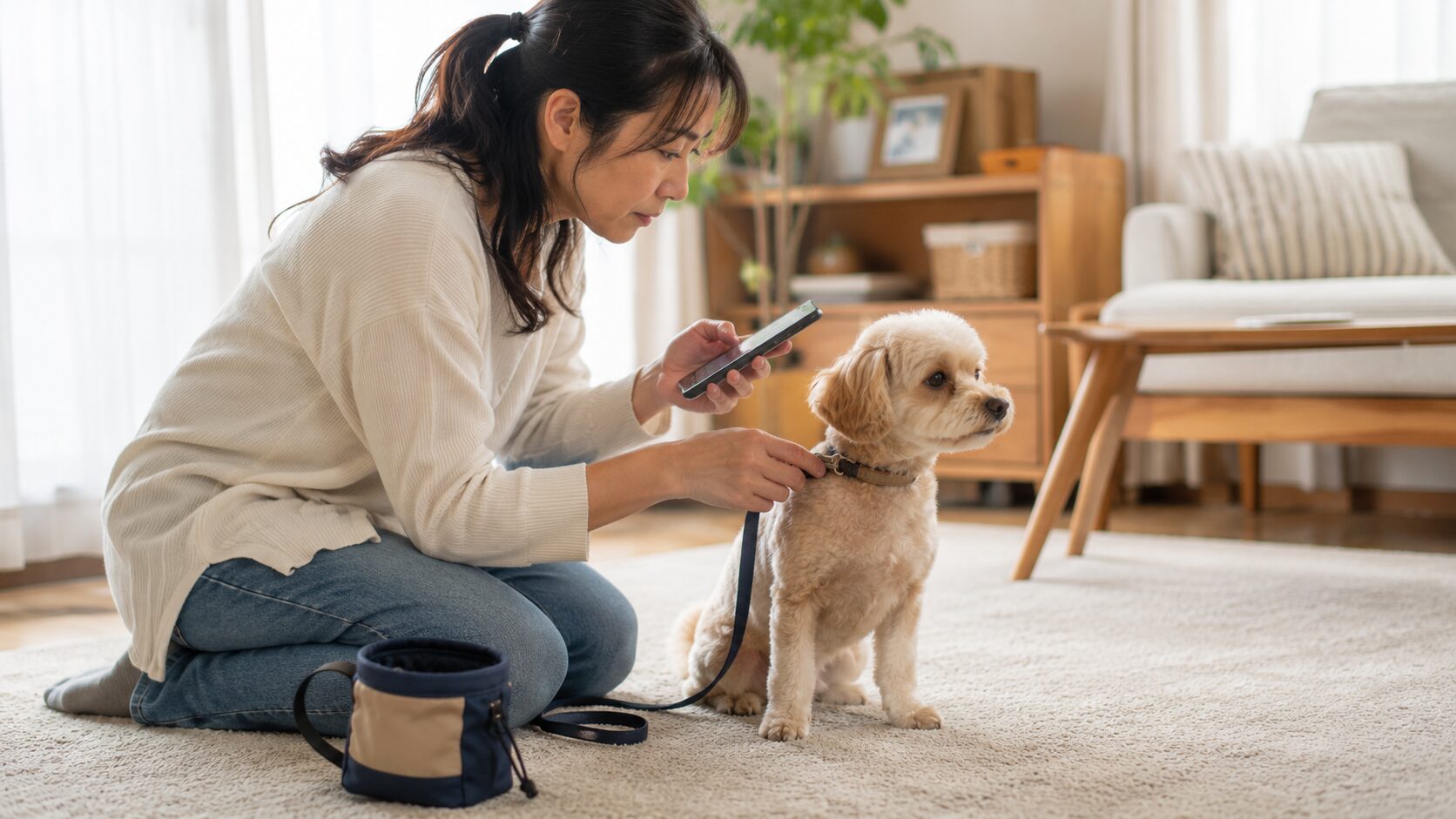 早朝のリビングで愛犬にリードをつけつつスマホで行動記録をつける40代女性
