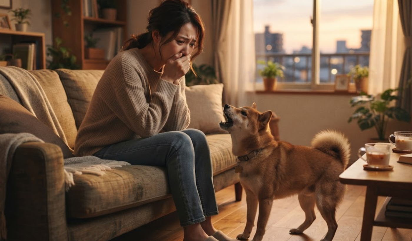 来客長時間で興奮する犬に困る飼い主の女性の様子